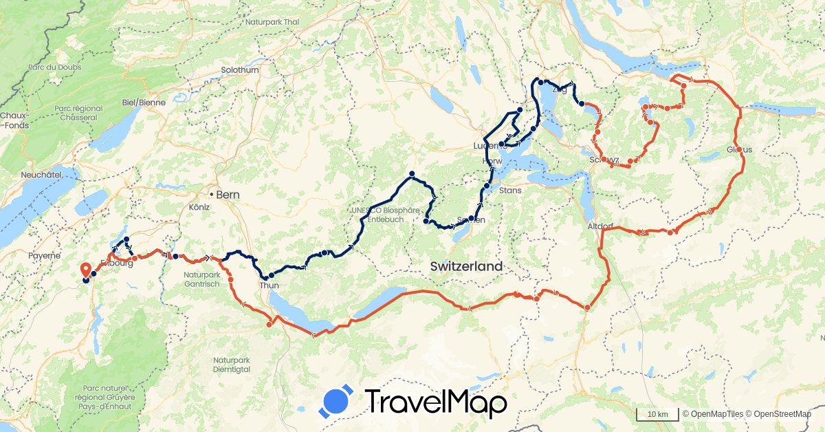 TravelMap itinerary: driving, moto étape 1, moto étape 2 in Switzerland (Europe)