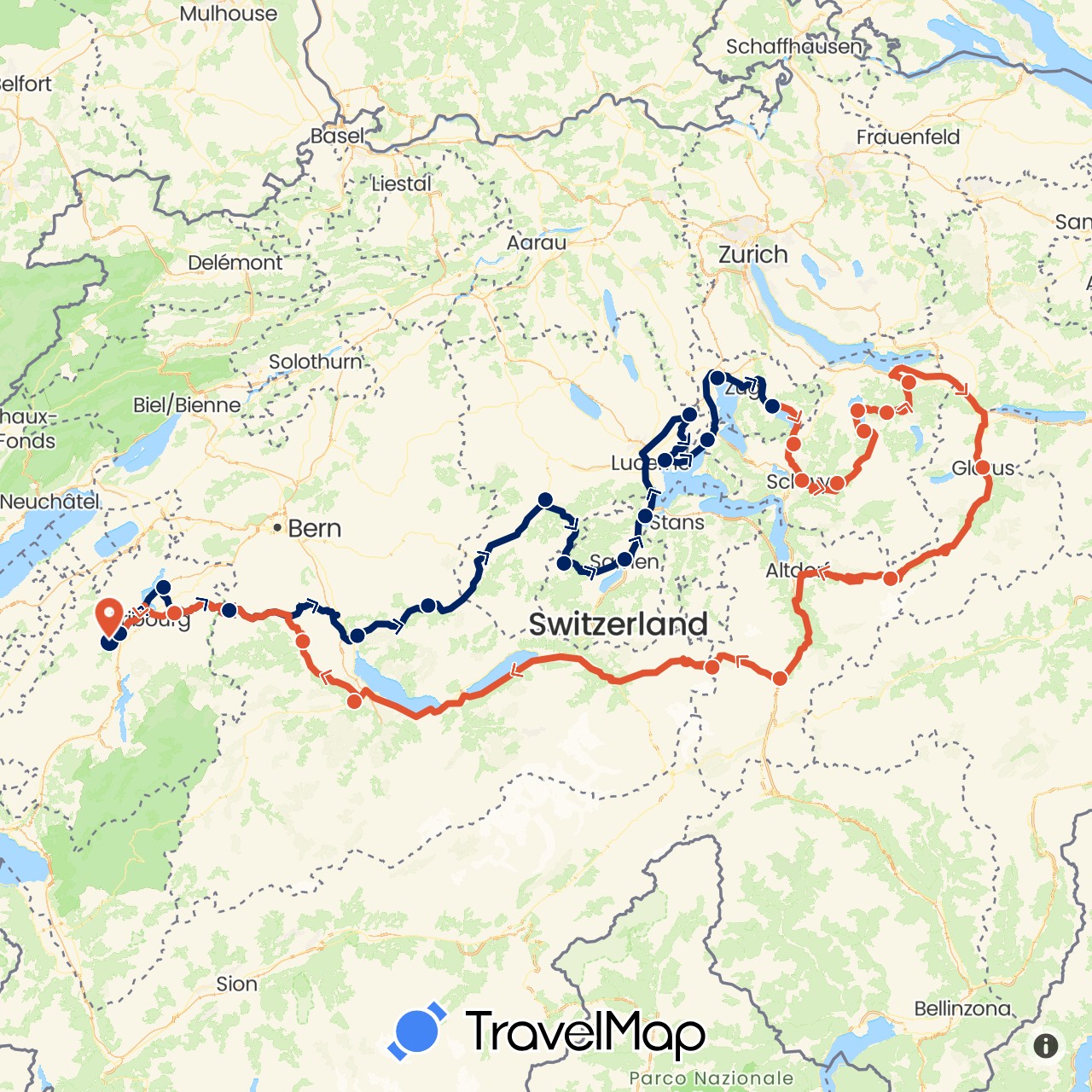 TravelMap itinerary: driving, moto étape 1, moto étape 2 in Switzerland (Europe)
