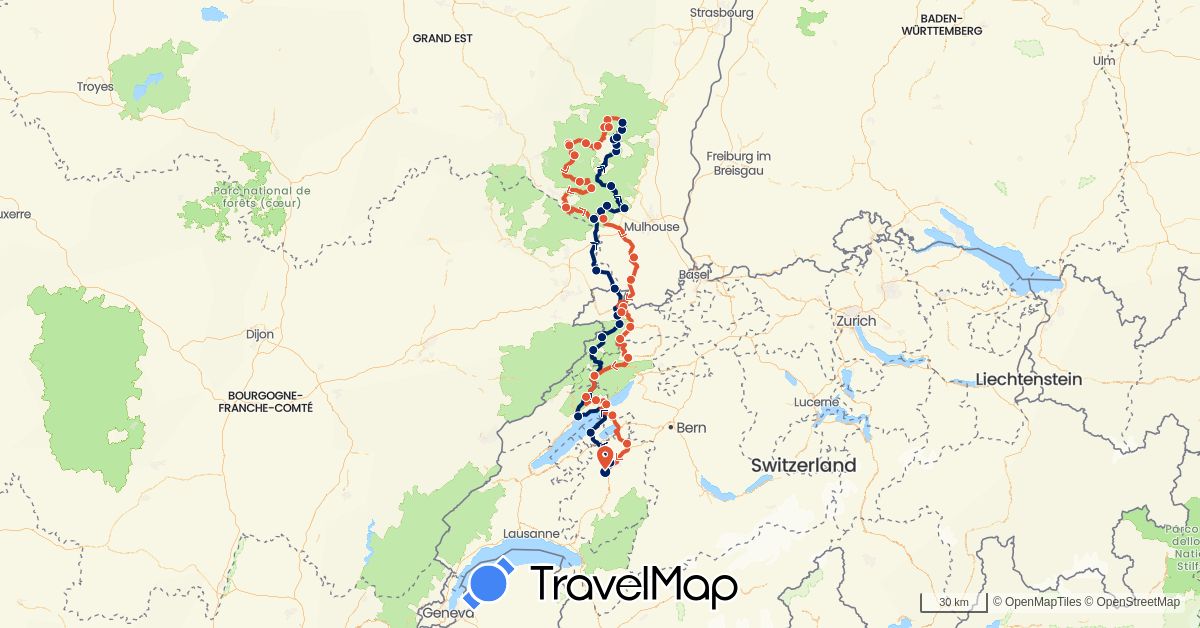 TravelMap itinerary: driving, moto étape 1, moto étape 2 in Switzerland, France (Europe)