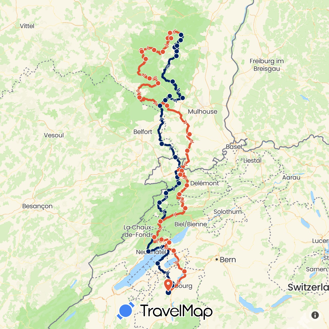 TravelMap itinerary: driving, moto étape 1, moto étape 2 in Switzerland, France (Europe)
