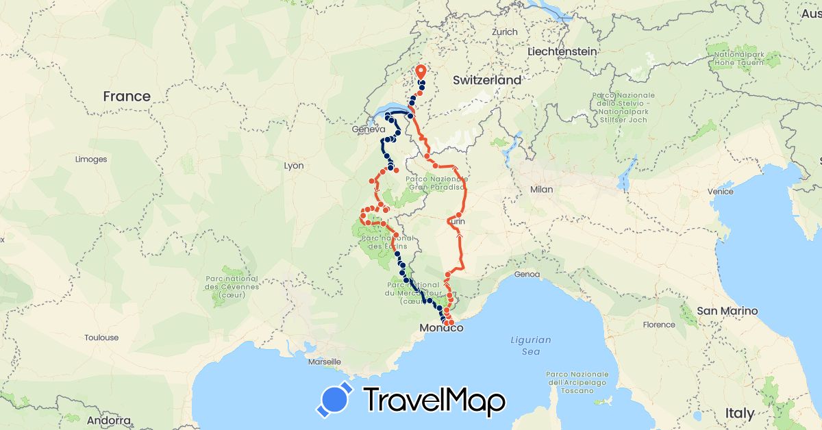 TravelMap itinerary: driving, moto étape 1, moto étape 2, moto étape 3, moto étape 4 in Switzerland, France, Italy (Europe)