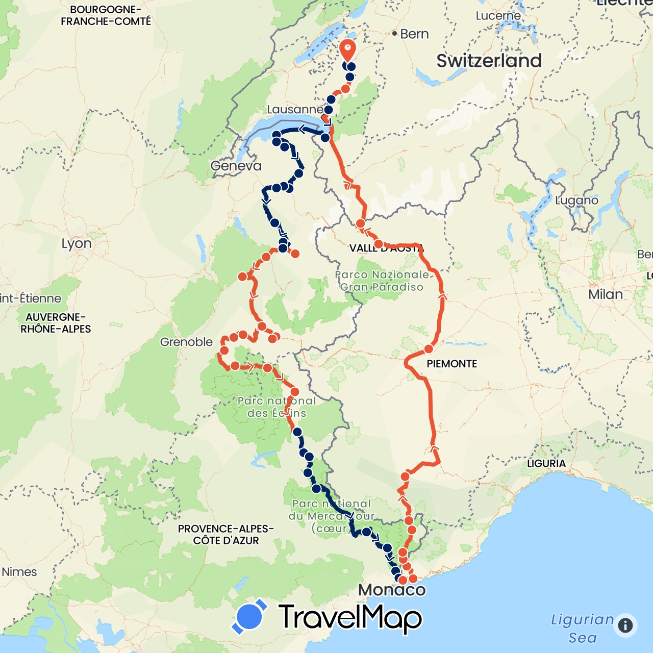 TravelMap itinerary: driving, moto étape 1, moto étape 2, moto étape 3, moto étape 4 in Switzerland, France, Italy (Europe)