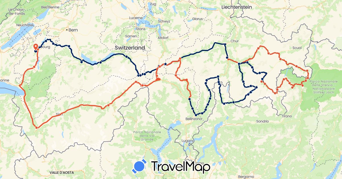 TravelMap itinerary: driving, moto étape 1, moto étape 2, moto étape 3, moto étape 4 in Switzerland, Italy (Europe)