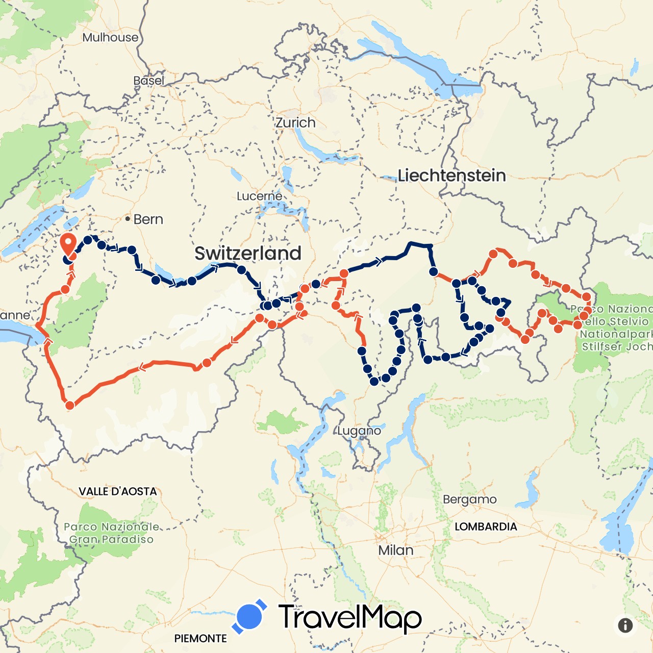 TravelMap itinerary: driving, moto étape 1, moto étape 2, moto étape 3, moto étape 4 in Switzerland, Italy (Europe)