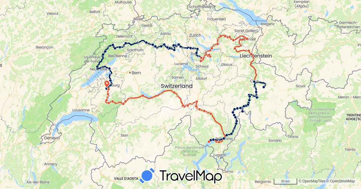 TravelMap itinerary: driving, moto étape 1, moto étape 2, moto étape 3, moto étape 4 in Switzerland (Europe)