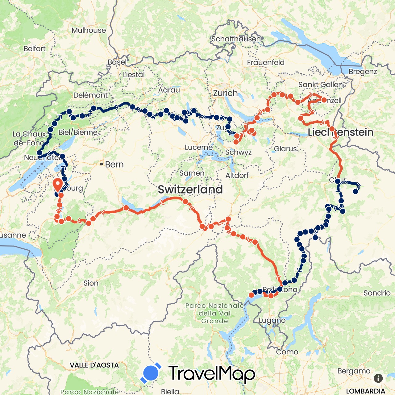 TravelMap itinerary: driving, moto étape 1, moto étape 2, moto étape 3, moto étape 4 in Switzerland (Europe)
