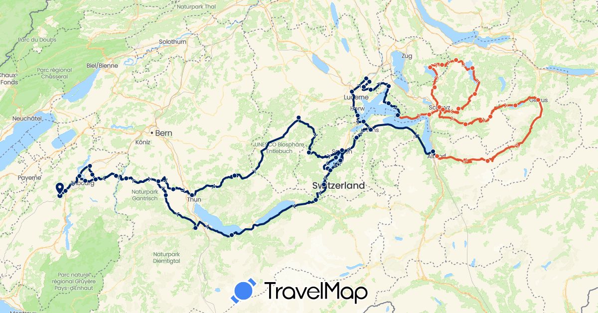 TravelMap itinerary: driving, moto étape 1, moto étape 2, moto étape 3 in Switzerland (Europe)