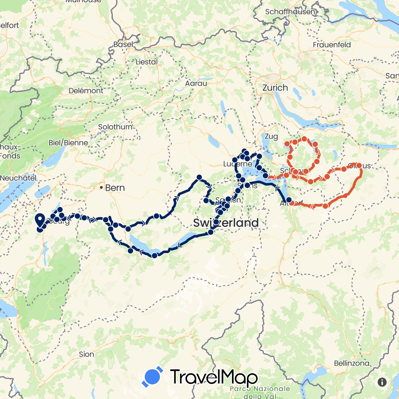 TravelMap itinerary: driving, moto étape 1, moto étape 2, moto étape 3 in Switzerland (Europe)