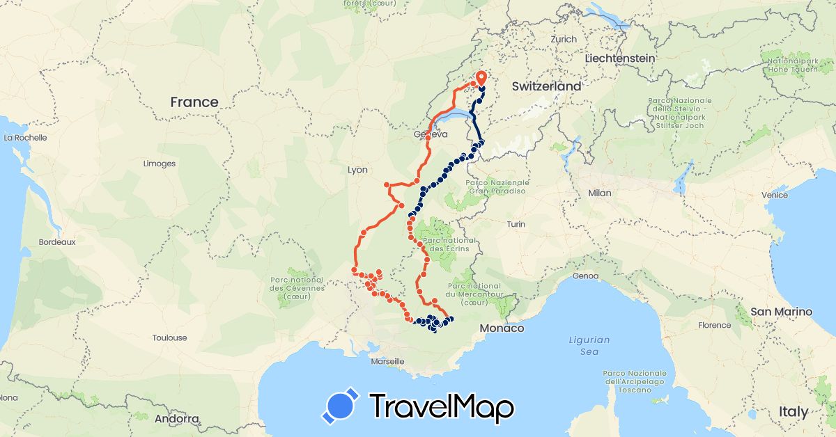 TravelMap itinerary: driving, moto étape 1, moto étape 2, moto étape 3, moto étape 4 in Switzerland, France (Europe)