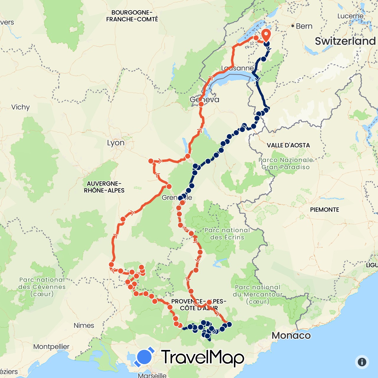 TravelMap itinerary: driving, moto étape 1, moto étape 2, moto étape 3, moto étape 4 in Switzerland, France (Europe)