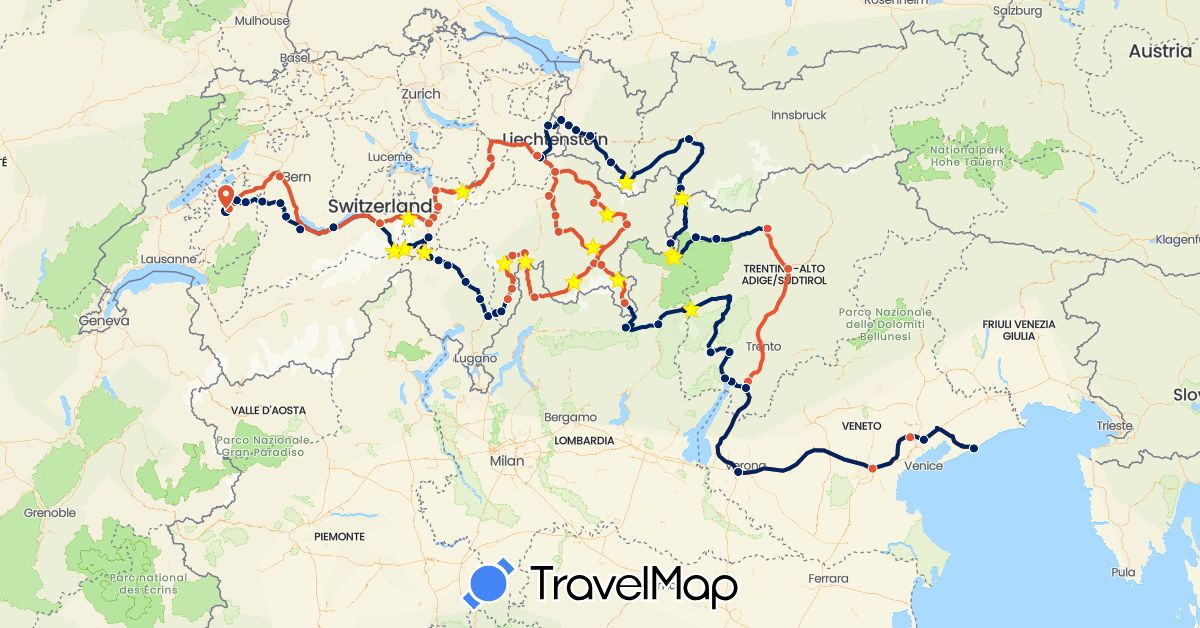 TravelMap itinerary: driving, moto étape 1, moto étape 2, moto étape 3, moto étape 4, moto étape 5, moto étape 6 in Austria, Switzerland, Italy, Liechtenstein (Europe)