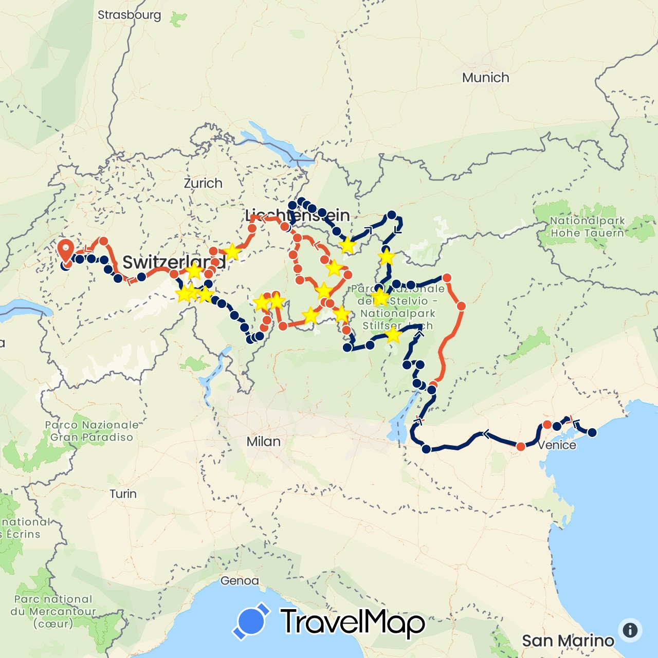 TravelMap itinerary: driving, moto étape 1, moto étape 2, moto étape 3, moto étape 4, moto étape 5, moto étape 6 in Austria, Switzerland, Italy, Liechtenstein (Europe)