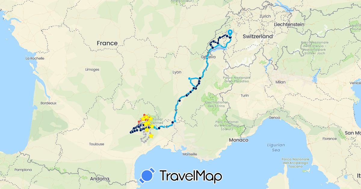 TravelMap itinerary: driving, moto étape 1, moto étape 2, moto étape 3, moto était prévu, moto cévennes étape 4 in Switzerland, France (Europe)