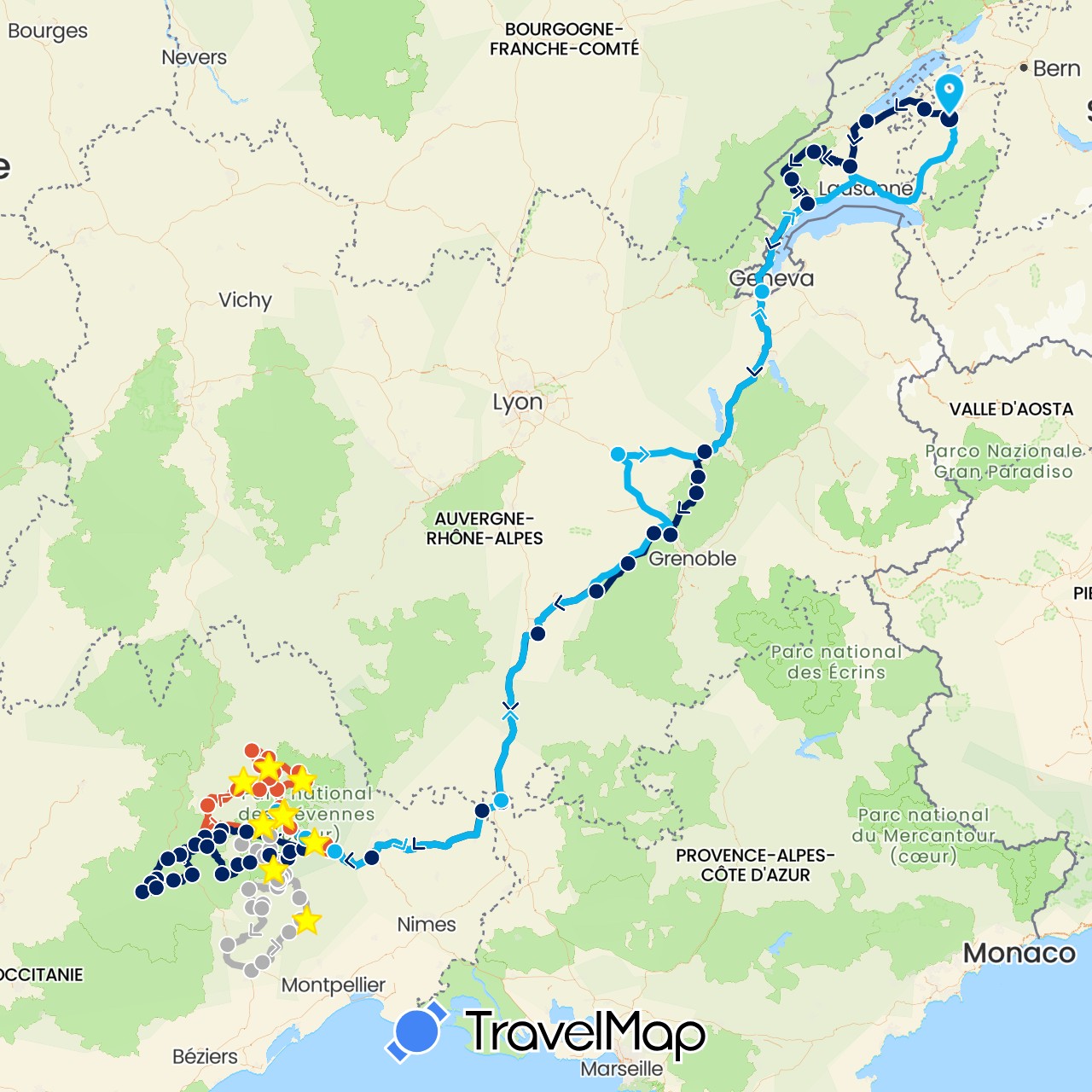 TravelMap itinerary: driving, moto étape 1, moto étape 2, moto étape 3, moto était prévu, moto cévennes étape 4 in Switzerland, France (Europe)
