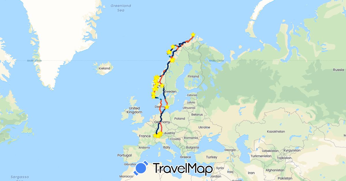 TravelMap itinerary: driving, cp e4, cp e1, cp e2, cp e3, cp e5, cp e6, cp e7, cp e8, cp ferry, cp e9, cp e10, cp e11, cp e12, cp e13, cp e14, cp e15, cp e16, cp e17, cp e18, cp e19, cp e20, cp e21, cp e22, cp e23, cp e24, cp e25 in Austria, Switzerland, Germany, Denmark, Norway, Sweden (Europe)