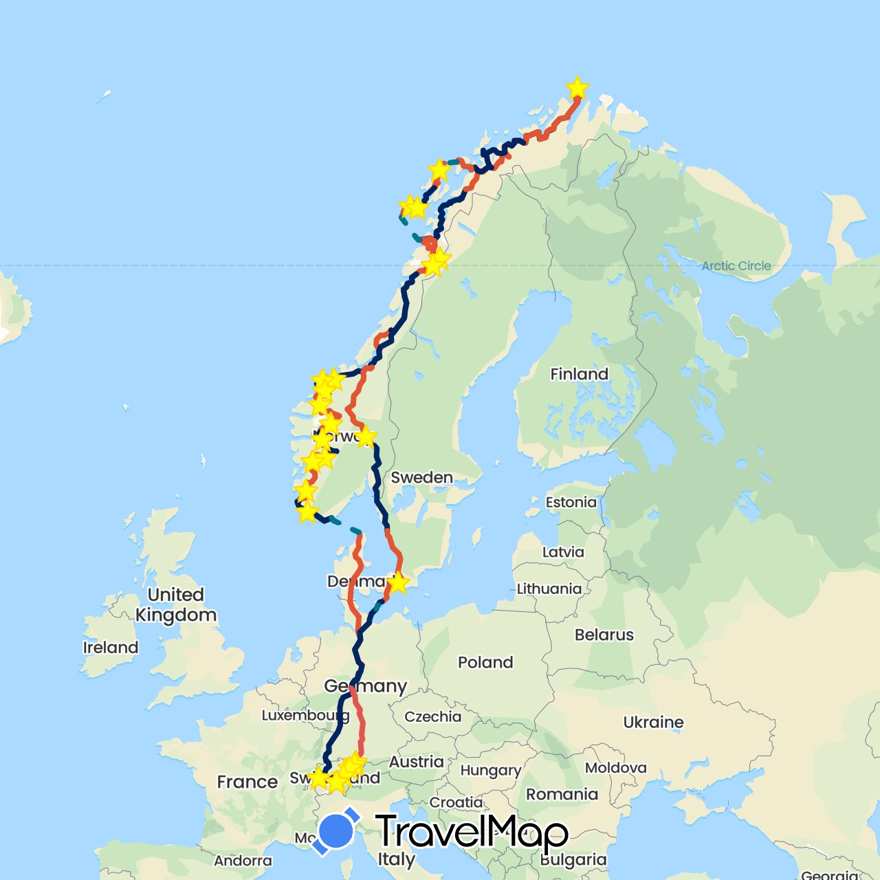 TravelMap itinerary: driving, cp e4, cp e1, cp e2, cp e3, cp e5, cp e6, cp e7, cp e8, cp ferry, cp e9, cp e10, cp e11, cp e12, cp e13, cp e14, cp e15, cp e16, cp e17, cp e18, cp e19, cp e20, cp e21, cp e22, cp e23, cp e24, cp e25 in Austria, Switzerland, Germany, Denmark, Norway, Sweden (Europe)